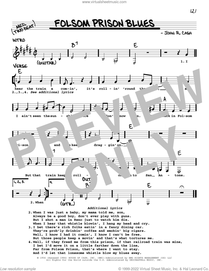 Folsom Prison Blues sheet music for voice and other instruments (real book with lyrics) by Johnny Cash, intermediate skill level