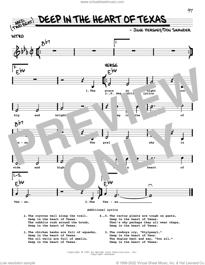 Deep In The Heart Of Texas sheet music for voice and other instruments (real book with lyrics) by Alvino Rey & His Orchestra, Bing Crosby, Don Swander and June Hershey, intermediate skill level