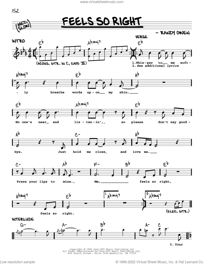Feels So Right sheet music for voice and other instruments (real book with lyrics) by Alabama and Randy Owen, intermediate skill level