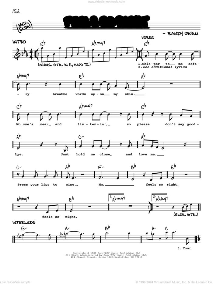 Feels So Right sheet music for voice and other instruments (real book with lyrics) by Alabama and Randy Owen, intermediate skill level