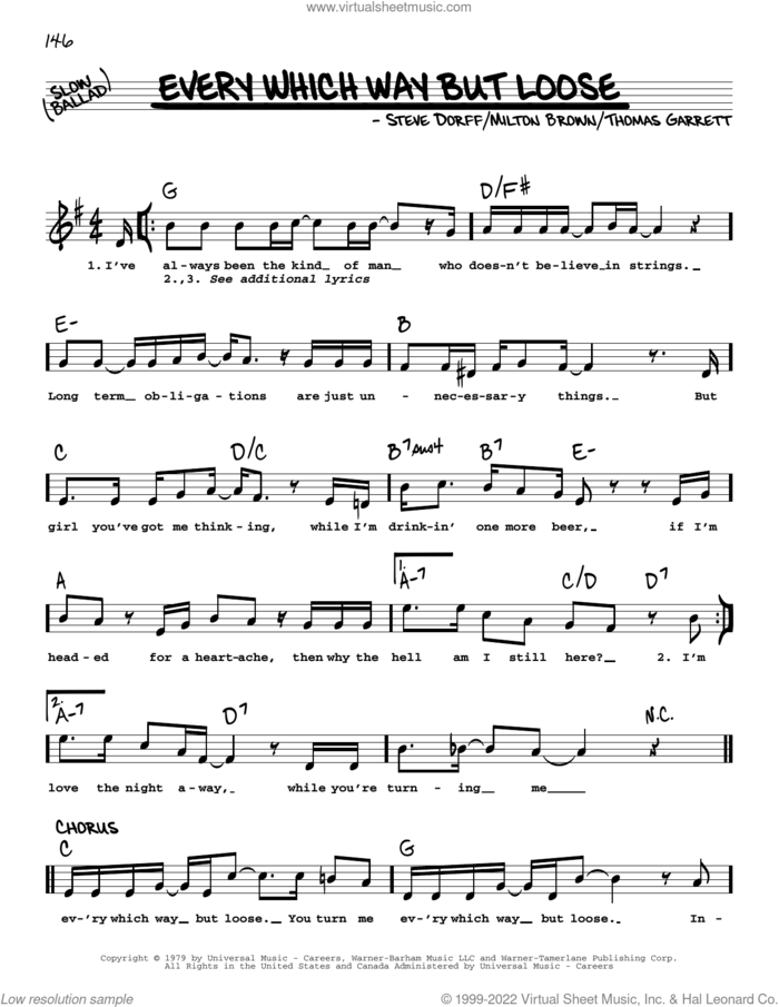 Every Which Way But Loose sheet music for voice and other instruments (real book with lyrics) by Eddie Rabbit, Milton Brown, Snuff Garrett and Steve Dorff, intermediate skill level