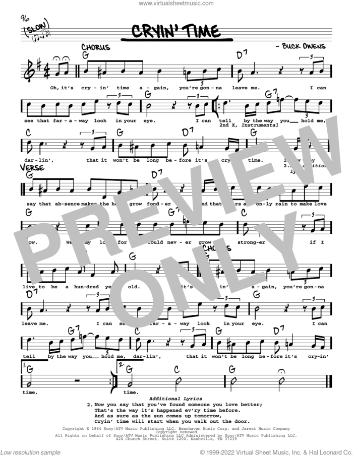 Cryin' Time sheet music for voice and other instruments (real book with lyrics) by Buck Owens and Ray Charles, intermediate skill level
