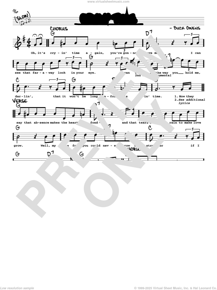 Cryin' Time sheet music for voice and other instruments (real book with lyrics) by Buck Owens and Ray Charles, intermediate skill level