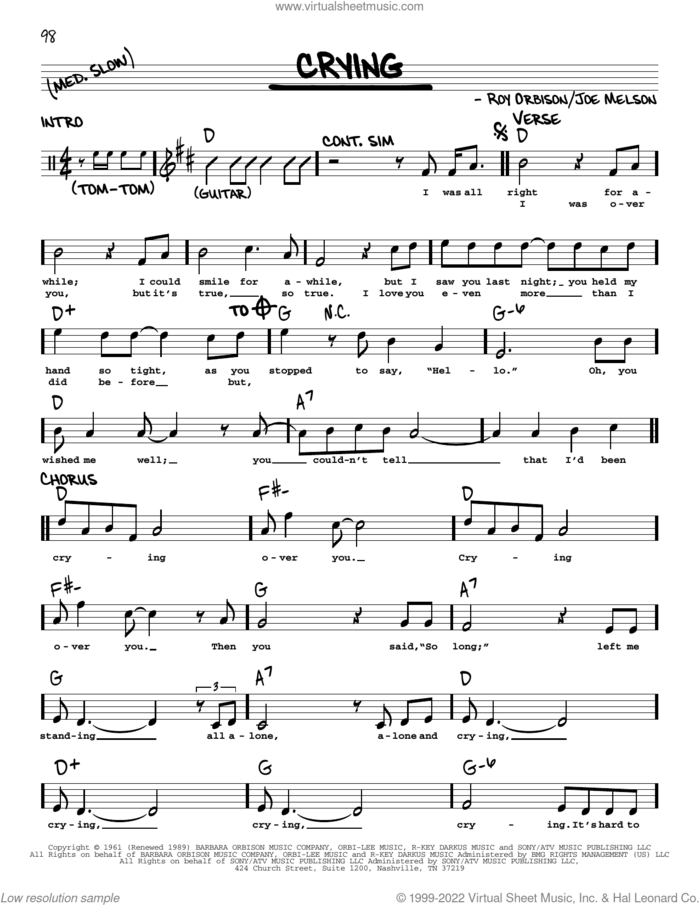 Crying sheet music for voice and other instruments (real book with lyrics) by Roy Orbison, Don McLean, Jay & The Americans and Joe Melson, intermediate skill level