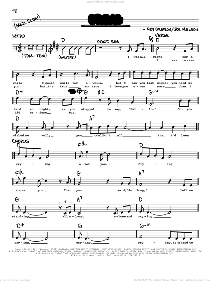 Crying sheet music for voice and other instruments (real book with lyrics) by Roy Orbison, Don McLean, Jay & The Americans and Joe Melson, intermediate skill level