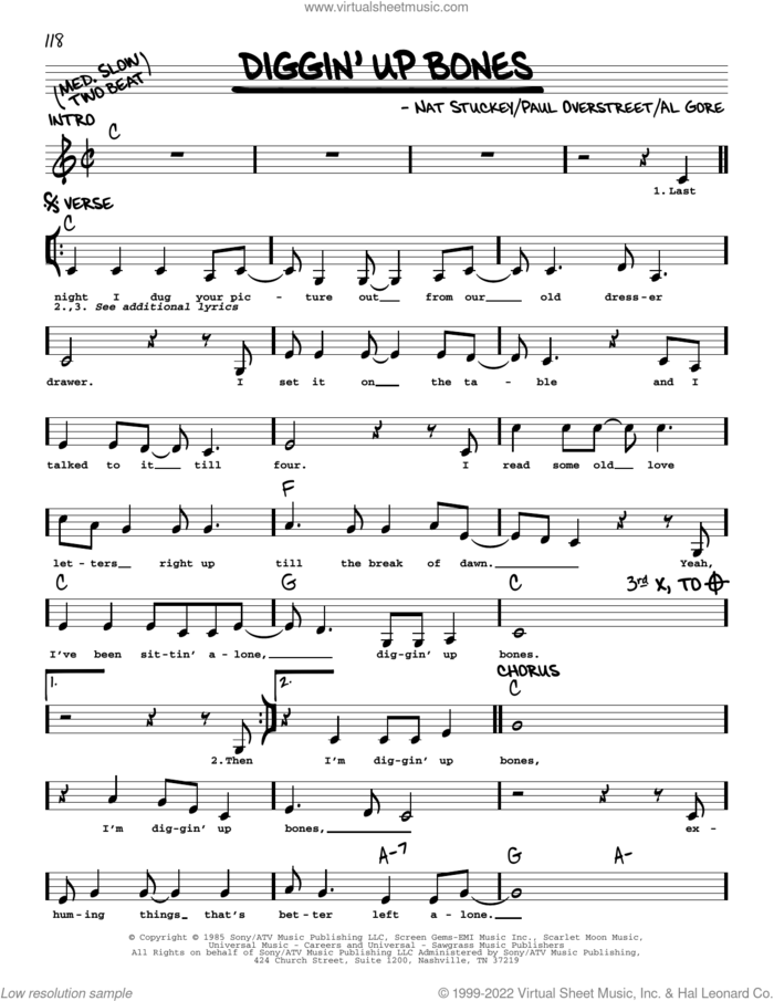 Diggin' Up Bones sheet music for voice and other instruments (real book with lyrics) by Randy Travis, Al Gore, Nat Stuckey and Paul Overstreet, intermediate skill level