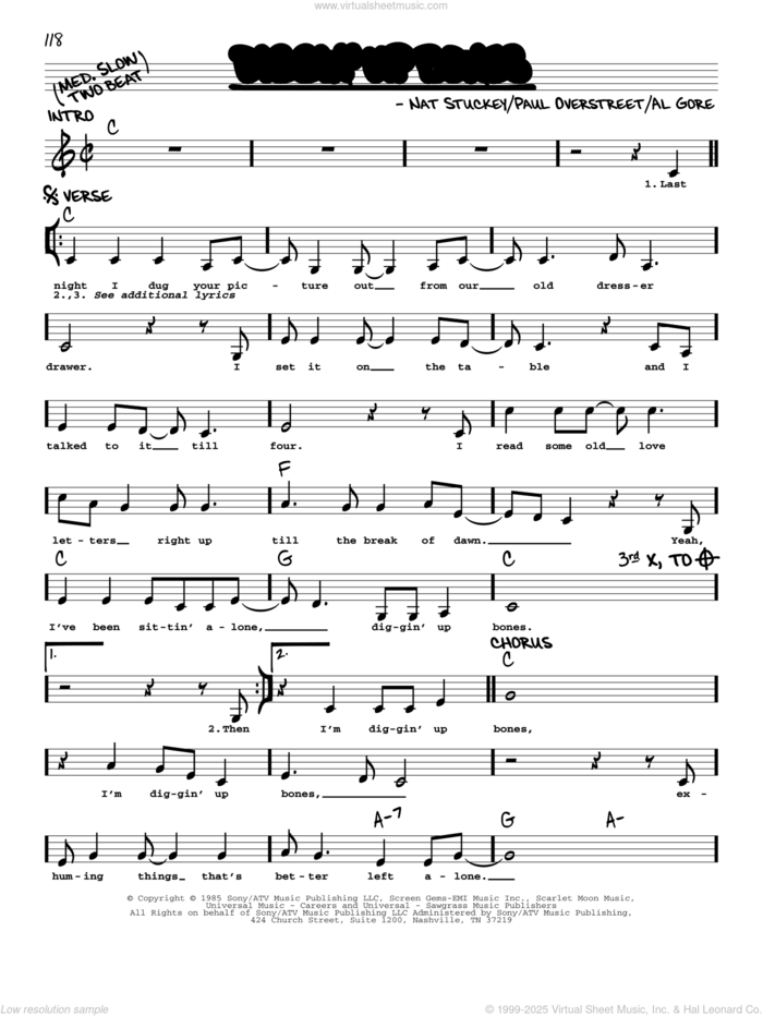 Diggin' Up Bones sheet music for voice and other instruments (real book with lyrics) by Randy Travis, Al Gore, Nat Stuckey and Paul Overstreet, intermediate skill level