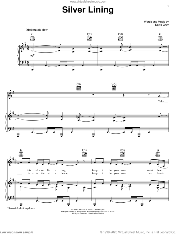 Silver Lining sheet music for voice, piano or guitar by Bonnie Raitt and David Gray, intermediate skill level