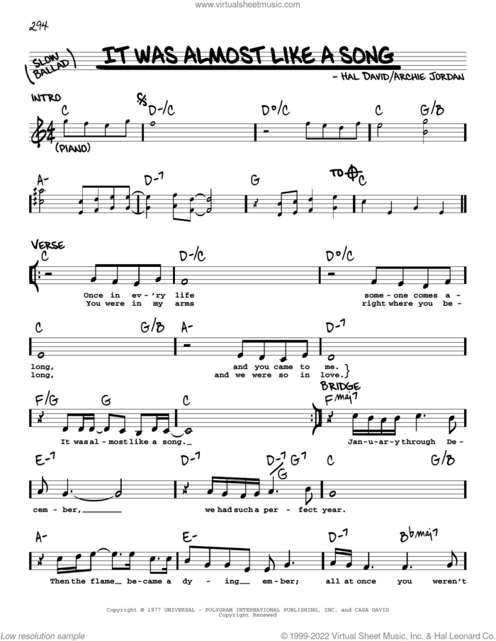 It Was Almost Like A Song sheet music for voice and other instruments (real book with lyrics) by Ronnie Milsap, Archie Jordan and Hal David, intermediate skill level