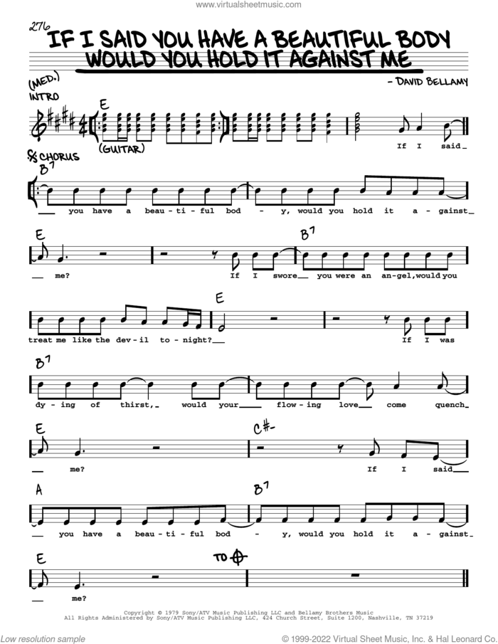 If I Said You Have A Beautiful Body Would You Hold It Against Me sheet music for voice and other instruments (real book with lyrics) by Bellamy Brothers and David Bellamy, intermediate skill level