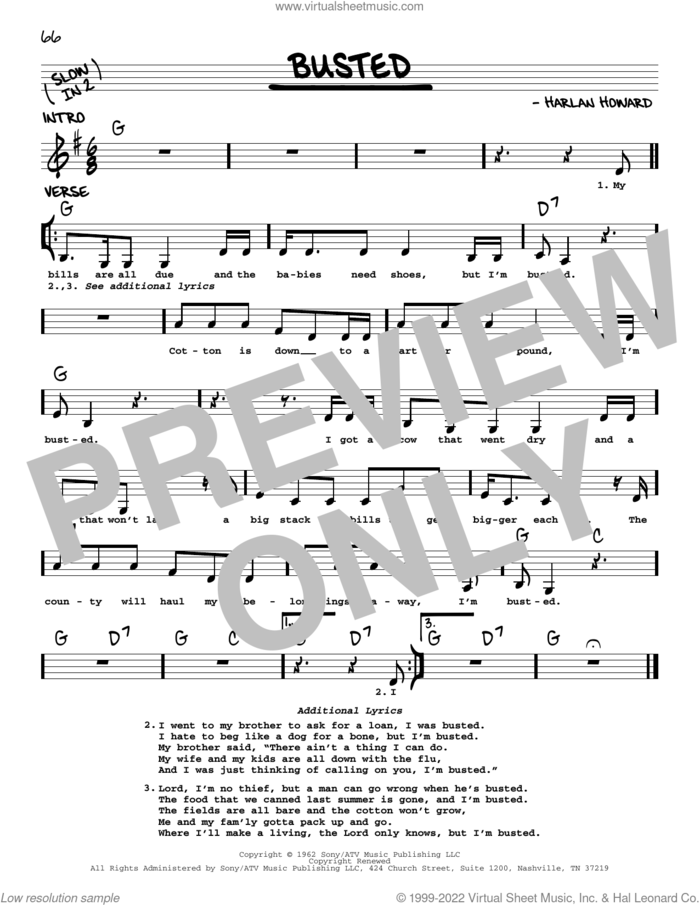 Busted sheet music for voice and other instruments (real book with lyrics) by Johnny Cash, John Conlee, Ray Charles and Harlan Howard, intermediate skill level