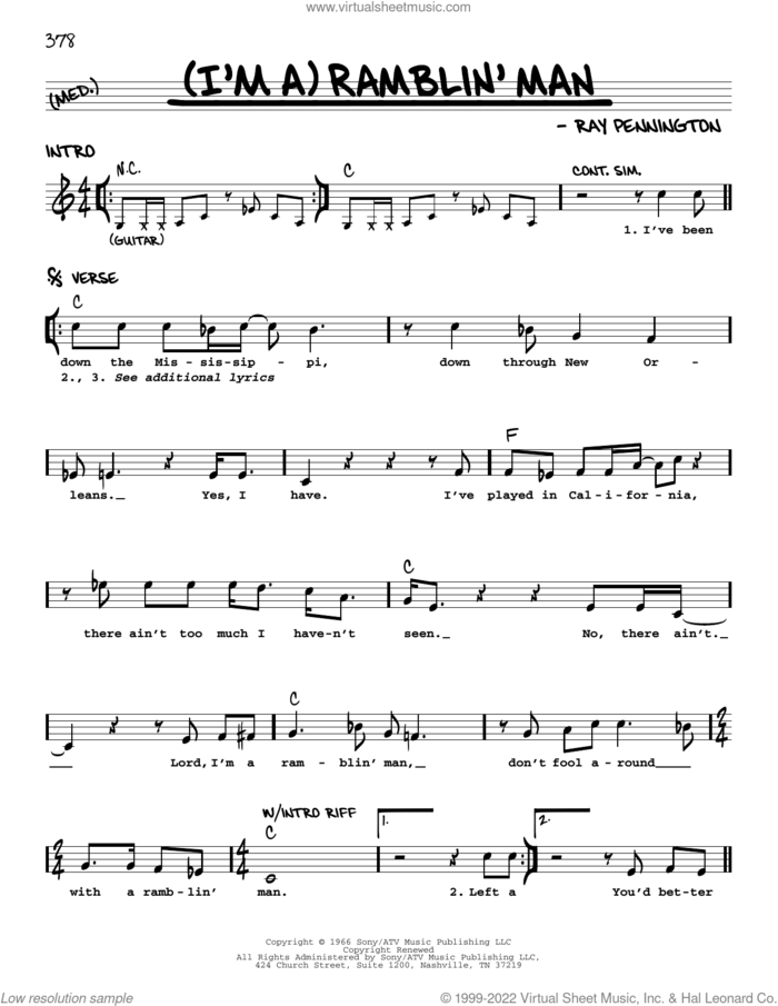 (I'm A) Ramblin' Man sheet music for voice and other instruments (real book with lyrics) by Waylon Jennings and Ray Pennington, intermediate skill level