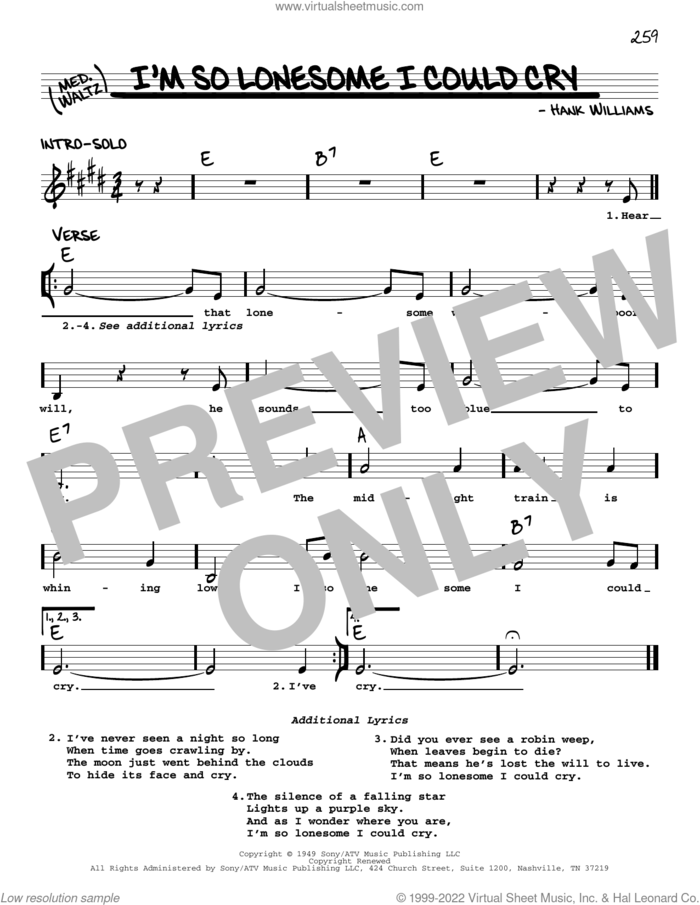 I'm So Lonesome I Could Cry sheet music for voice and other instruments (real book with lyrics) by Elvis Presley, B.J. Thomas and Hank Williams, Sr. and Hank Williams, intermediate skill level