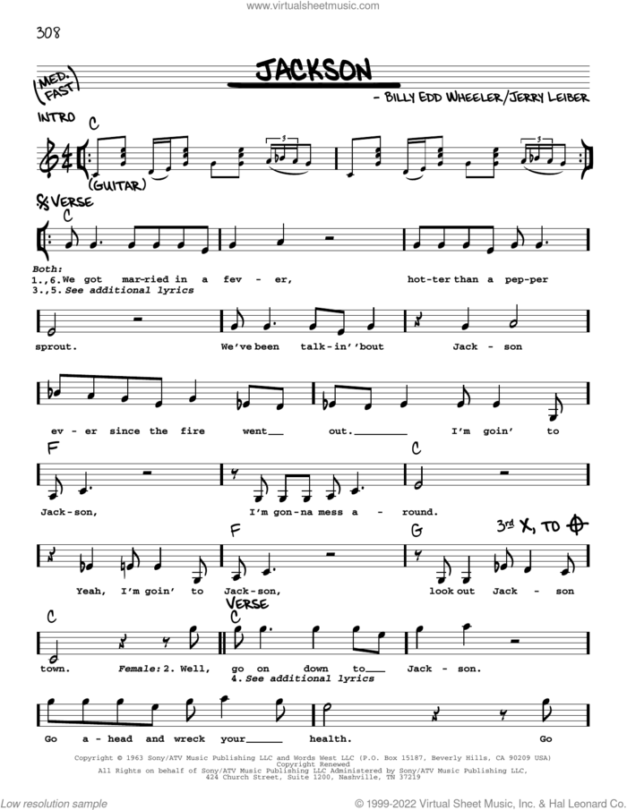 Jackson sheet music for voice and other instruments (real book with lyrics) by Johnny Cash & June Carter, Nancy Sinatra & Lee Hazelwood, Billy Edd Wheeler and Jerry Leiber, intermediate skill level