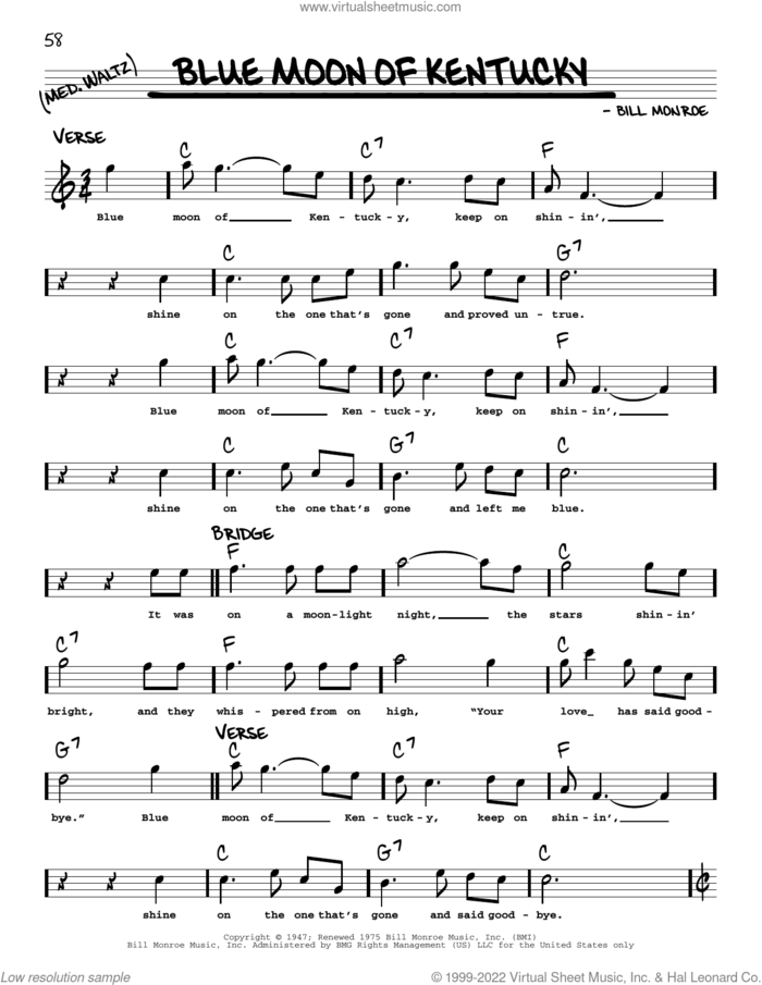 Blue Moon Of Kentucky sheet music for voice and other instruments (real book with lyrics) by Bill Monroe, Elvis Presley and Patsy Cline, intermediate skill level