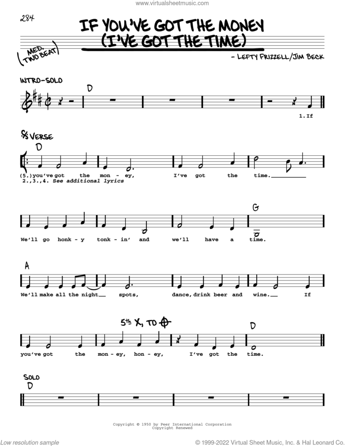 If You've Got The Money (I've Got The Time) sheet music for voice and other instruments (real book with lyrics) by Willie Nelson, Jim Beck and Lefty Frizzell, intermediate skill level