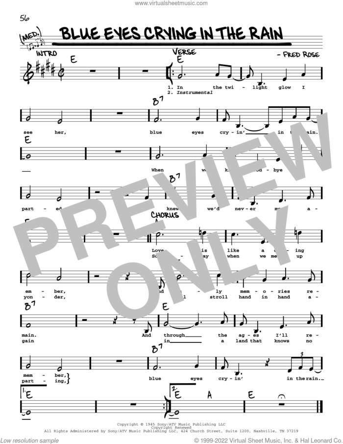 Blue Eyes Crying In The Rain sheet music for voice and other instruments (real book with lyrics) by Elvis Presley, Willie Nelson and Fred Rose, intermediate skill level