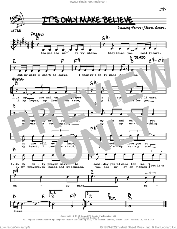 It's Only Make Believe sheet music for voice and other instruments (real book with lyrics) by Glen Campbell, Conway Twitty and Jack Nance, intermediate skill level