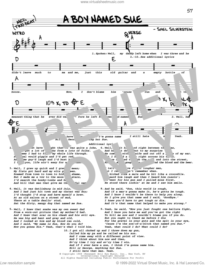 A Boy Named Sue sheet music for voice and other instruments (real book with lyrics) by Johnny Cash and Shel Silverstein, intermediate skill level