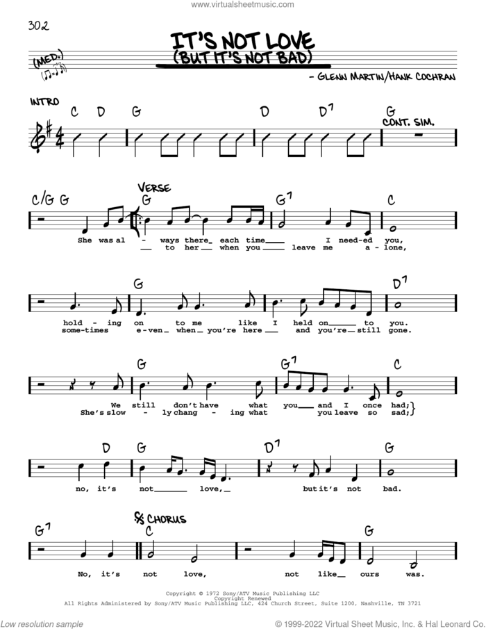 It's Not Love (But It's Not Bad) sheet music for voice and other instruments (real book with lyrics) by Merle Haggard, Glenn Martin and Hank Cochran, intermediate skill level