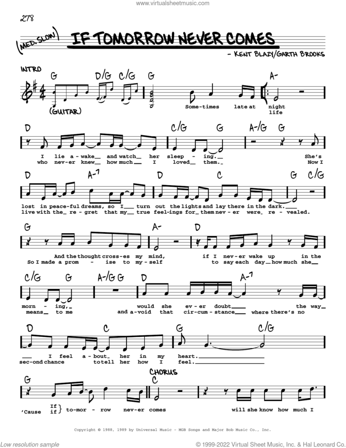 If Tomorrow Never Comes sheet music for voice and other instruments (real book with lyrics) by Garth Brooks, Joose and Kent Blazy, intermediate skill level