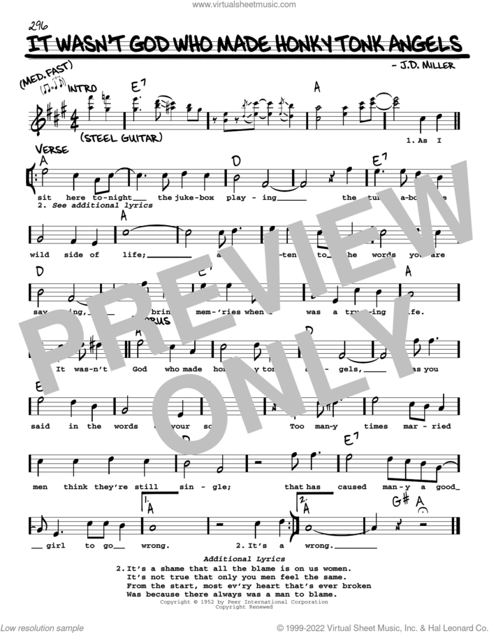 It Wasn't God Who Made Honky Tonk Angels sheet music for voice and other instruments (real book with lyrics) by Kitty Wells and J.D. Miller, intermediate skill level