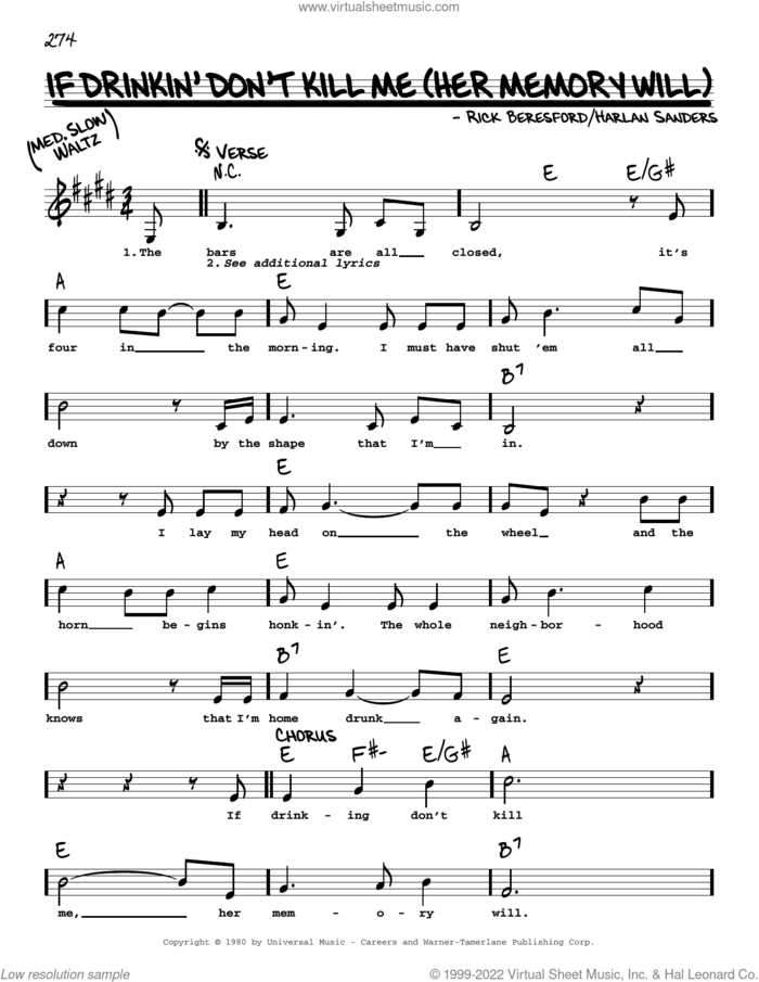 If Drinkin' Don't Kill Me (Her Memory Will) sheet music for voice and other instruments (real book with lyrics) by George Jones, Harlan Sanders and Rick Beresford, intermediate skill level
