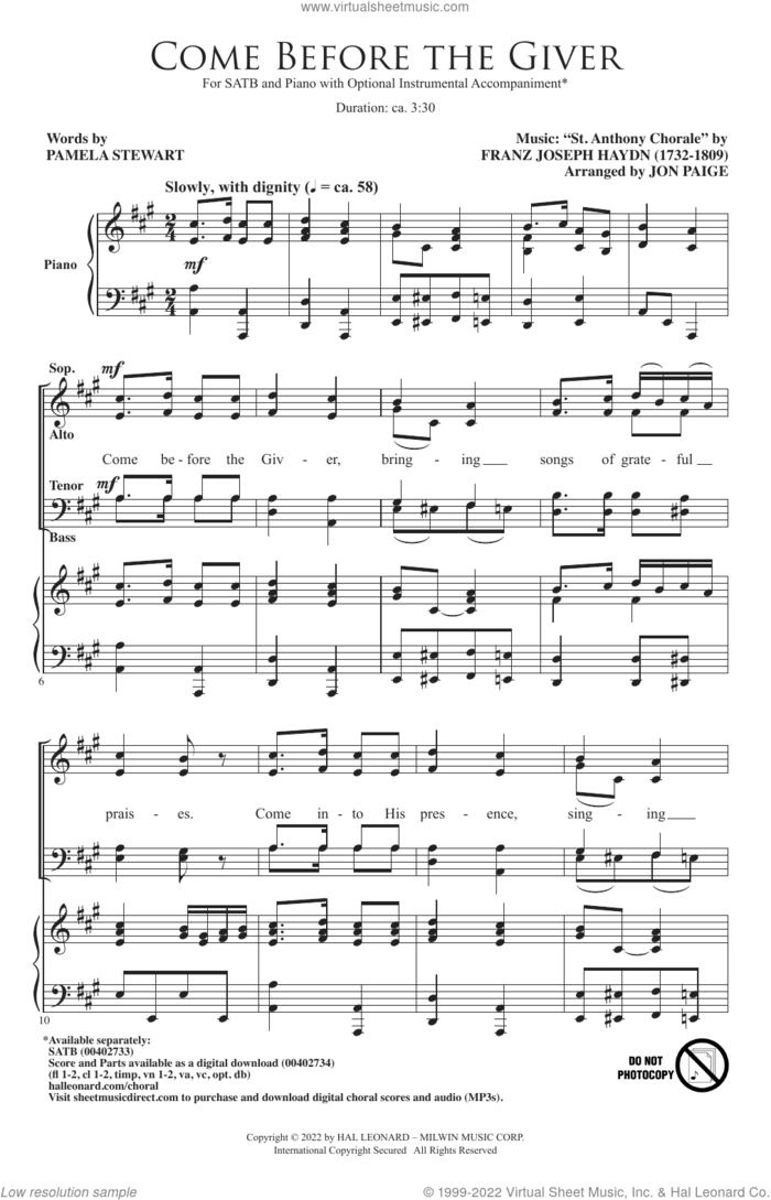 Come Before The Giver (arr. Jon Paige) sheet music for choir (SATB: soprano, alto, tenor, bass) by Franz Joseph Haydn, Jon Paige and Pamela Stewart, intermediate skill level