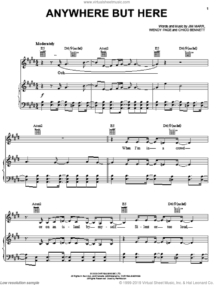 Anywhere But Here sheet music for voice, piano or guitar by Hilary Duff, Chico Bennett, Jim Marr and Wendy Page, intermediate skill level
