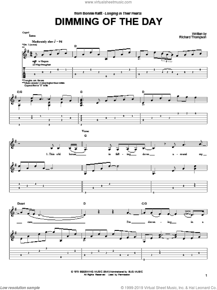 Dimming Of The Day sheet music for guitar (tablature) by Bonnie Raitt, Emmylou Harris and Richard Thompson, intermediate skill level