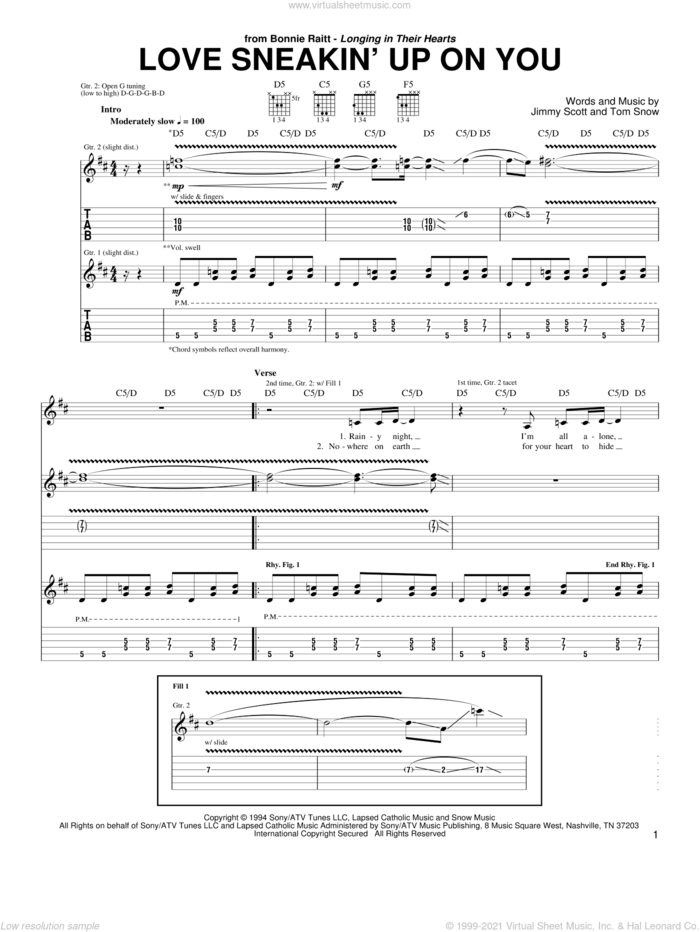 Love Sneakin' Up On You sheet music for guitar (tablature) by Bonnie Raitt, Jimmy Scott and Tom Snow, intermediate skill level