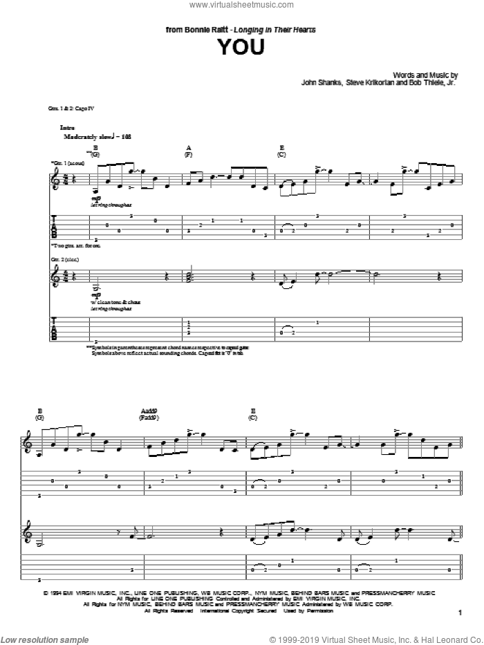 You sheet music for guitar (tablature) by Bonnie Raitt, Bob Thiele, Jr., John Shanks and Steve Krikorian, intermediate skill level