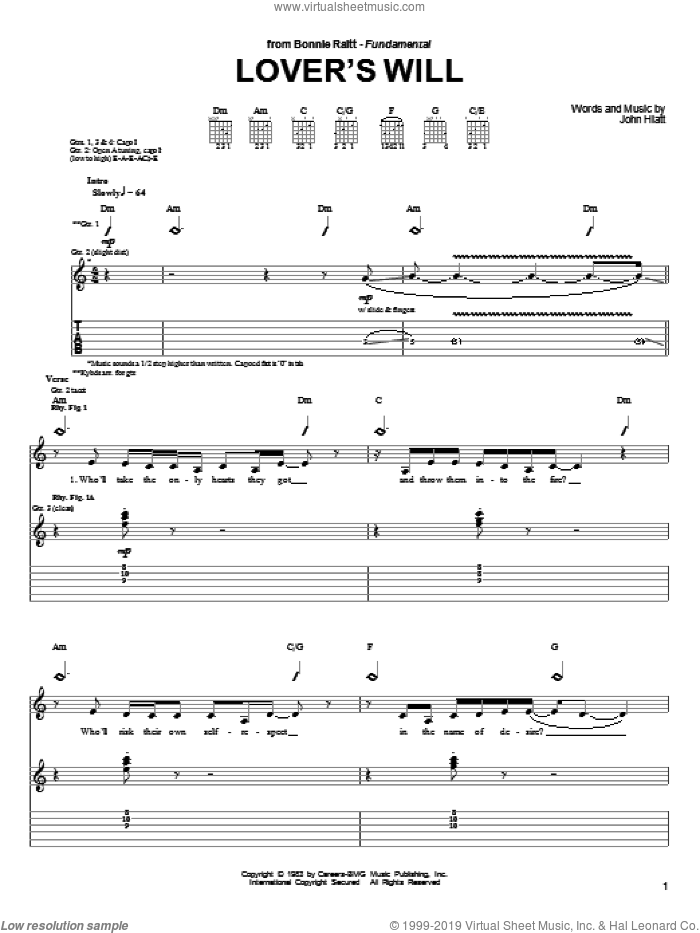 Lover's Will sheet music for guitar (tablature) by Bonnie Raitt and John Hiatt, intermediate skill level