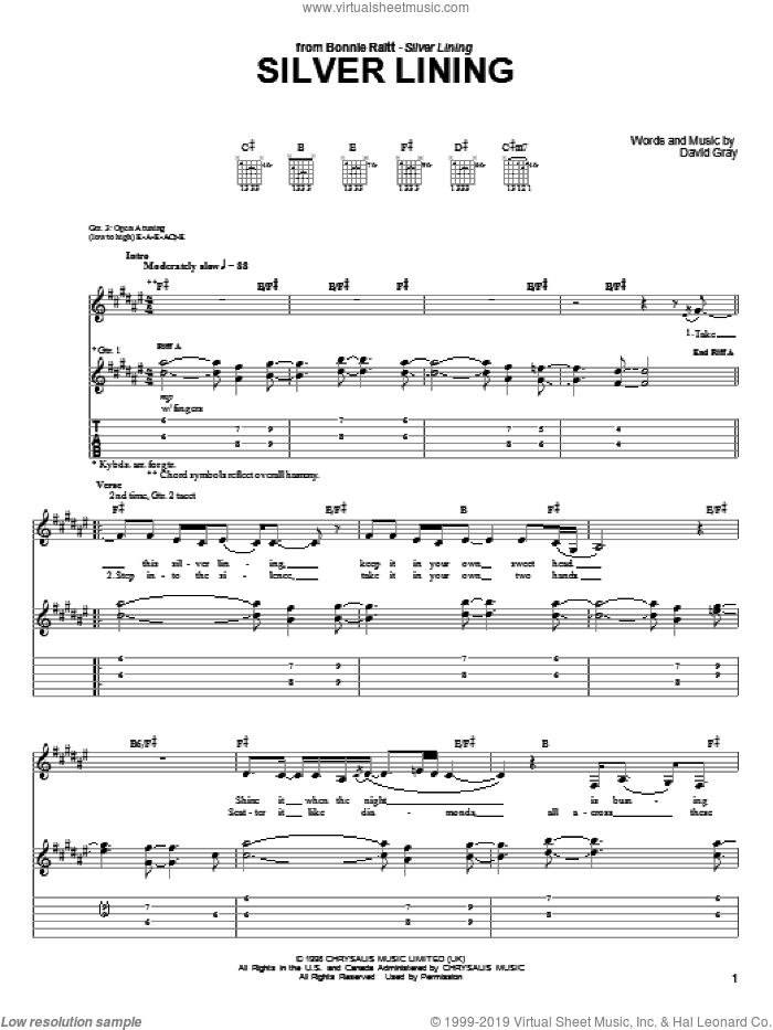 Silver Lining sheet music for guitar (tablature) by Bonnie Raitt and David Gray, intermediate skill level
