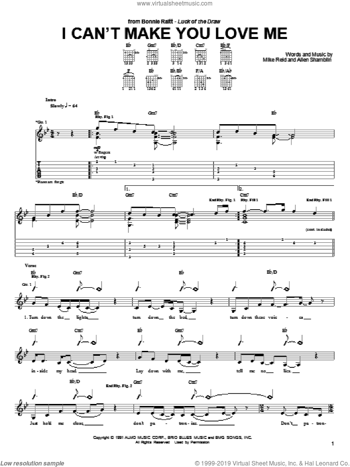 I Can't Make You Love Me sheet music for guitar (tablature) by Bonnie Raitt, George Michael, Allen Shamblin and Mike Reid, intermediate skill level