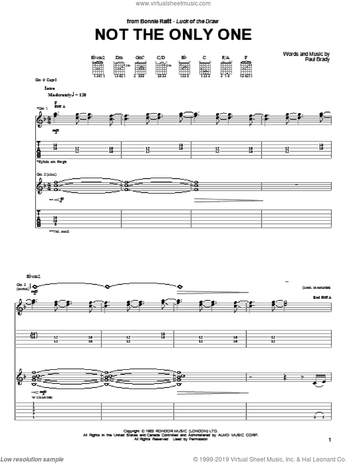 Not The Only One sheet music for guitar (tablature) by Bonnie Raitt and Paul Brady, intermediate skill level