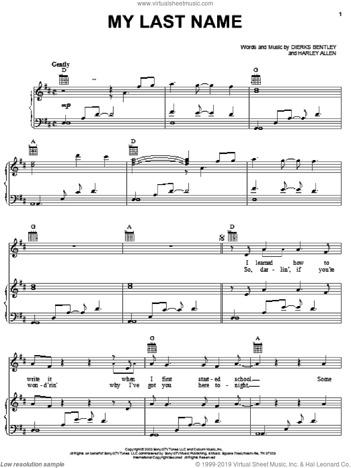 My Last Name sheet music for voice, piano or guitar by Dierks Bentley and Harley Allen, intermediate skill level