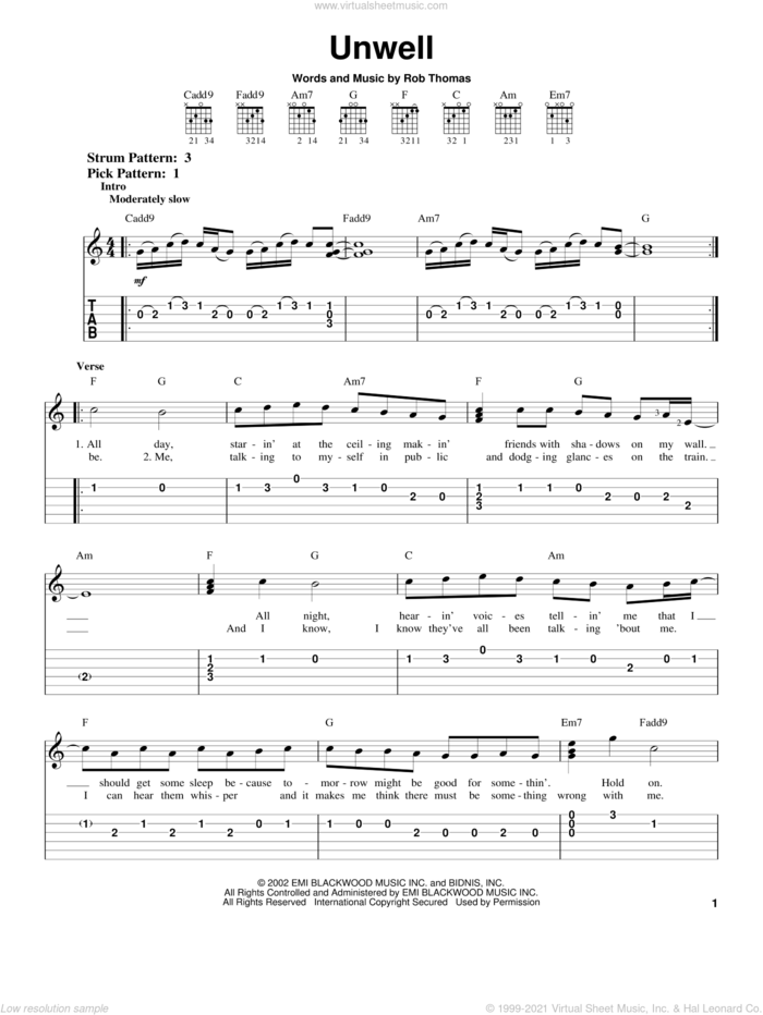 Unwell sheet music for guitar solo (easy tablature) by Matchbox Twenty, Matchbox 20 and Rob Thomas, easy guitar (easy tablature)