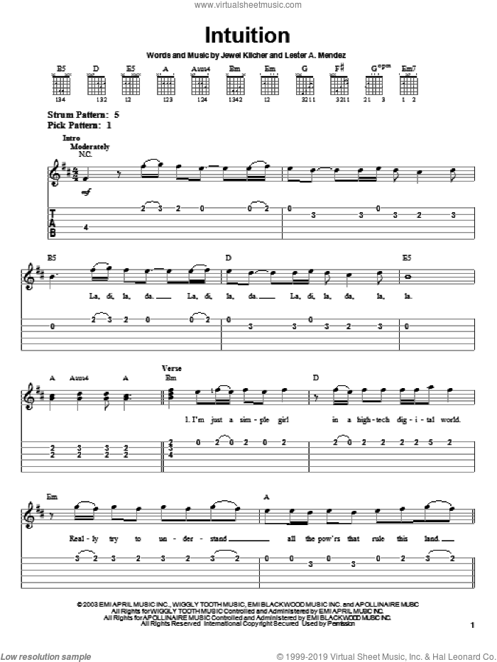 Intuition sheet music for guitar solo (easy tablature) by Jewel, Jewel Kilcher and Lester Mendez, easy guitar (easy tablature)