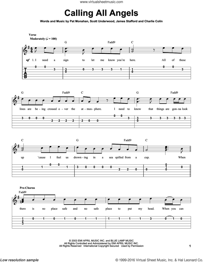 Calling All Angels sheet music for guitar solo (easy tablature) by Train, James Stafford, Pat Monahan and Scott Underwood, easy guitar (easy tablature)