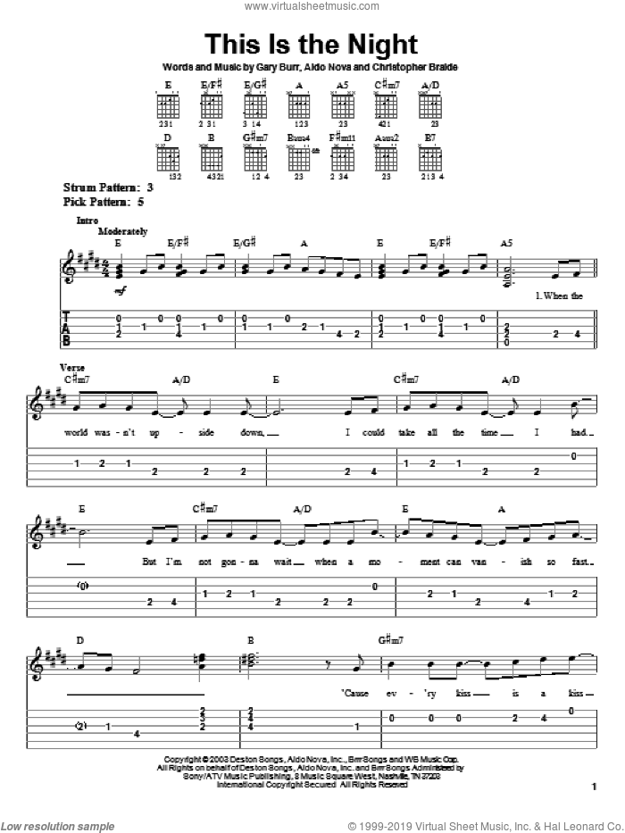 This Is The Night sheet music for guitar solo (easy tablature) by Clay Aiken, American Idol, Aldo Nova, Chris Braide and Gary Burr, easy guitar (easy tablature)