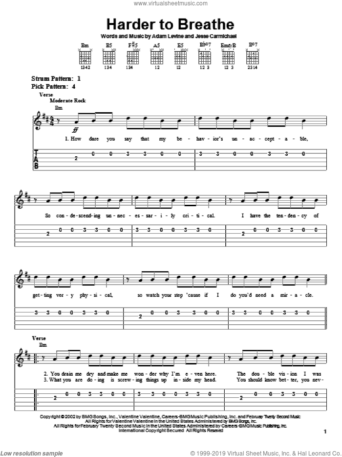 Harder To Breathe sheet music for guitar solo (easy tablature) by Maroon 5, Adam Levine and Jesse Carmichael, easy guitar (easy tablature)