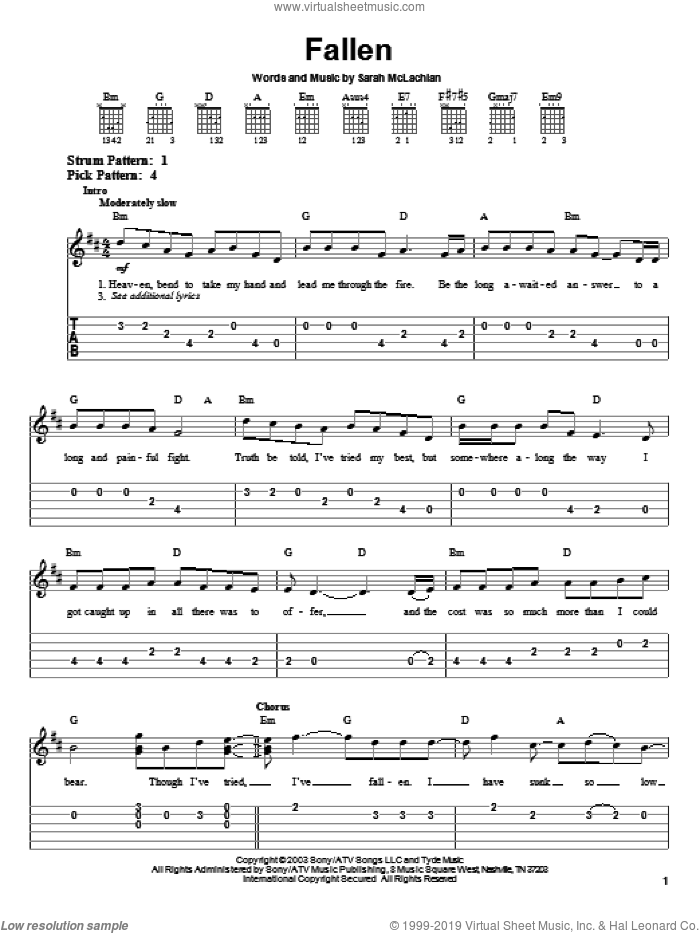 Fallen sheet music for guitar solo (easy tablature) by Sarah McLachlan, easy guitar (easy tablature)
