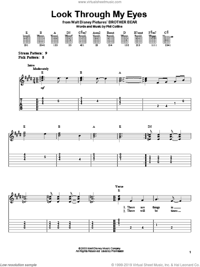 Look Through My Eyes sheet music for guitar solo (easy tablature) by Phil Collins and Brother Bear (Movie), easy guitar (easy tablature)