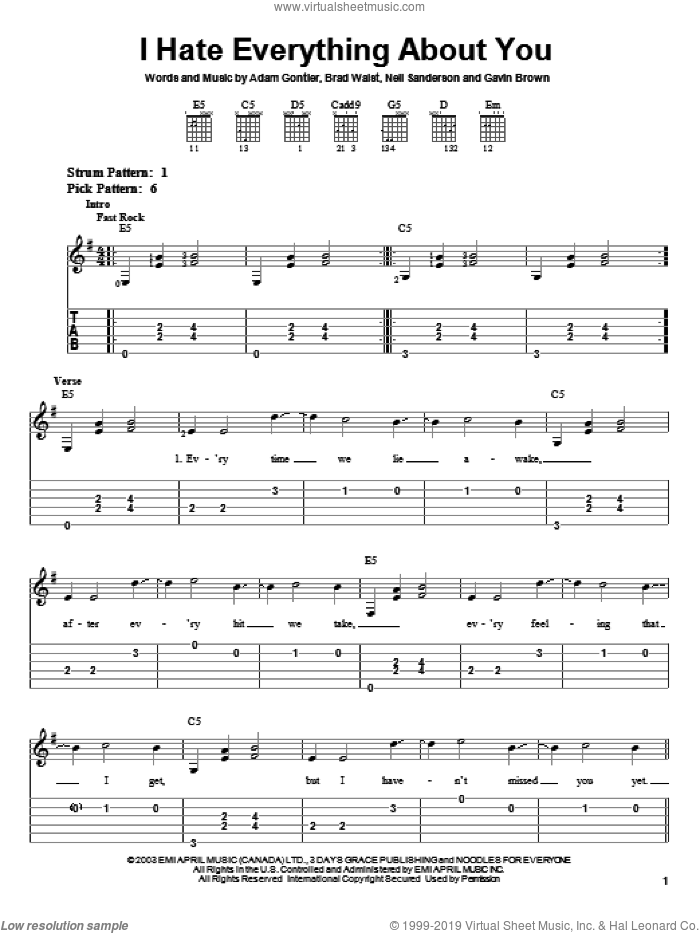 I Hate Everything About You sheet music for guitar solo (easy tablature) by Three Days Grace and Gavin Brown, easy guitar (easy tablature)