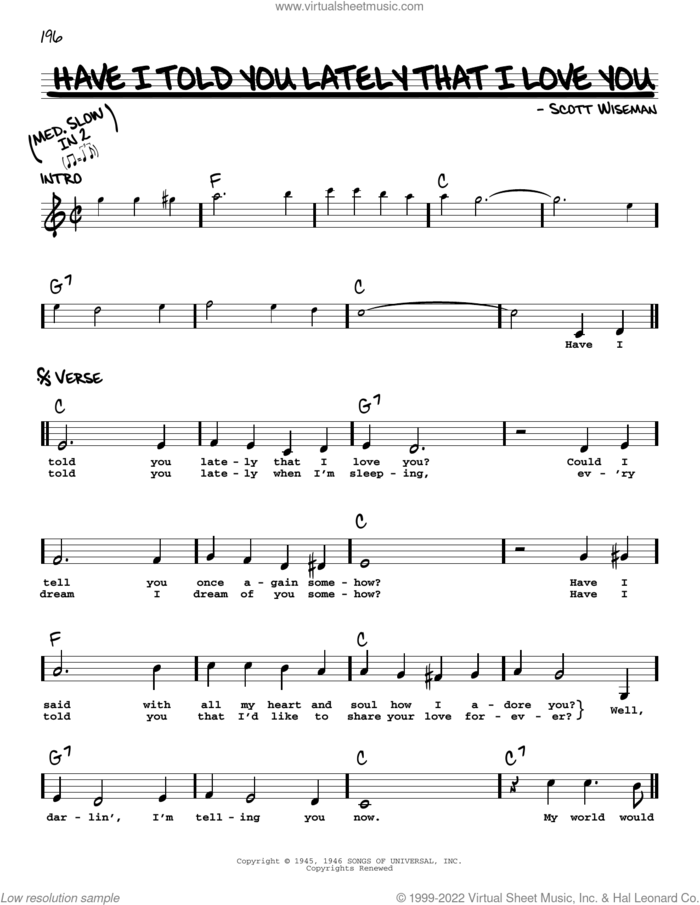 Have I Told You Lately That I Love You sheet music for voice and other instruments (real book with lyrics) by Scott Wiseman, Gene Autrey, Kitty Wells & Red Foley and Ricky Nelson, intermediate skill level