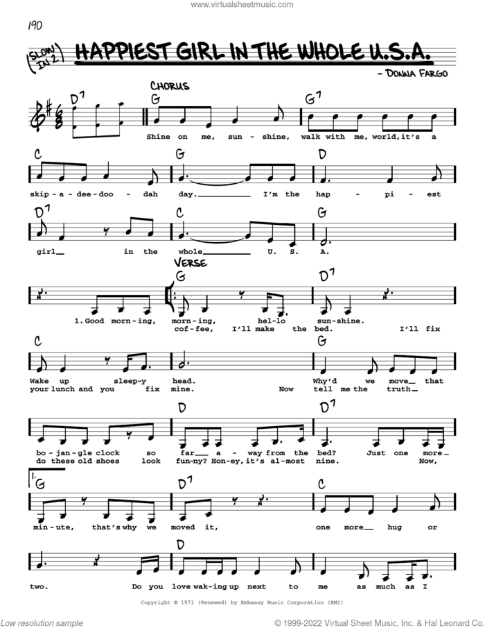 The Happiest Girl In The Whole U.S.A. sheet music for voice and other instruments (real book with lyrics) by Donna Fargo, intermediate skill level