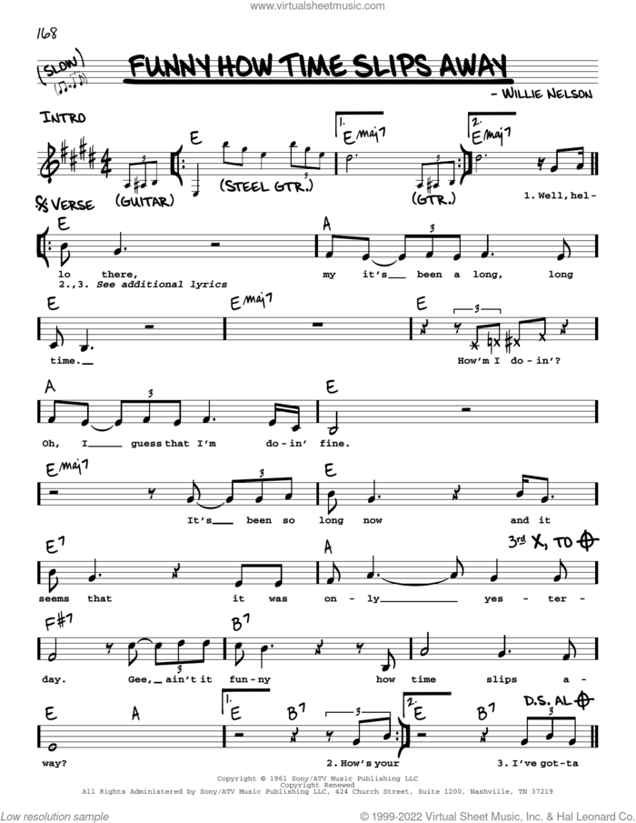 Funny How Time Slips Away sheet music for voice and other instruments (real book with lyrics) by Willie Nelson, Billy Walker, Elvis Presley, Lyle Lovett and Al Green and Narvel Felts, intermediate skill level
