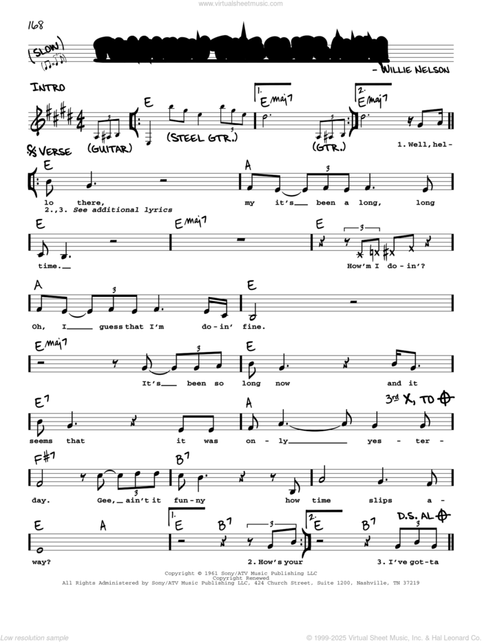 Funny How Time Slips Away sheet music for voice and other instruments (real book with lyrics) by Willie Nelson, Billy Walker, Elvis Presley, Lyle Lovett and Al Green and Narvel Felts, intermediate skill level