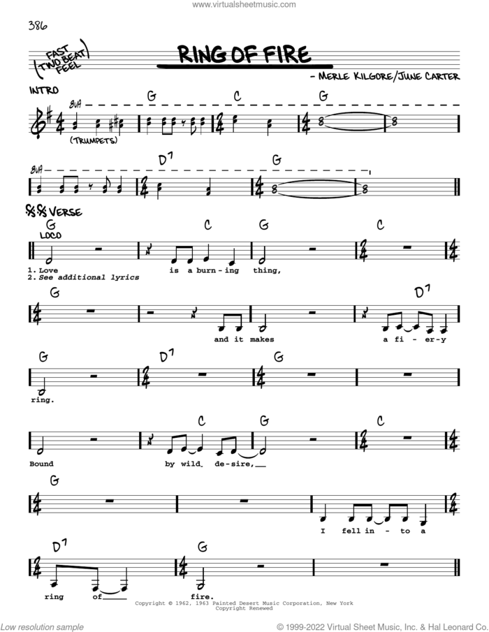 Ring Of Fire sheet music for voice and other instruments (real book with lyrics) by Johnny Cash, Alan Jackson, June Carter and Merle Kilgore, intermediate skill level